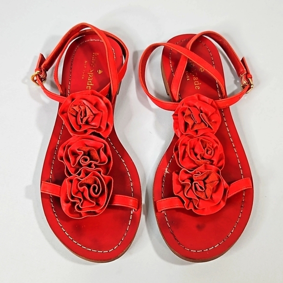 KATE SPADE New York Flowered T-Strap Red Leather Sandals Sz 7 - Picture 3 of 8